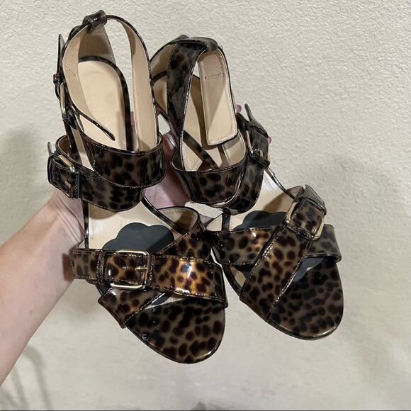 J. Crew Collection Patent leather leopard cheetah crossed buckle straps heels - Picture 3 of 10